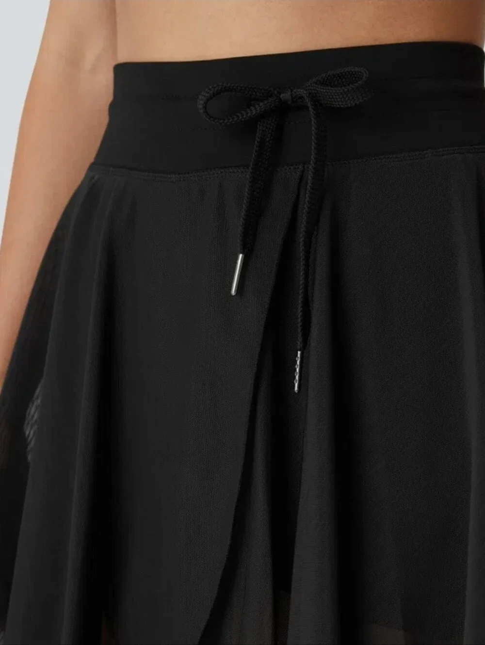 High Waisted Drawstring Contrast Mesh 2-in-1 Pocket Flowy Mini Flare Casual Skir